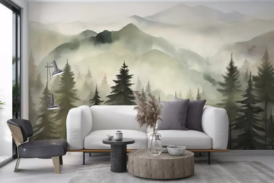 Fototapete Berglandschaft mit einem Wald von Kiefern und geschichteten Berge während der Morgendämmerung mit leichten Nebel Aquarell Nachahmung Kunst w08639
