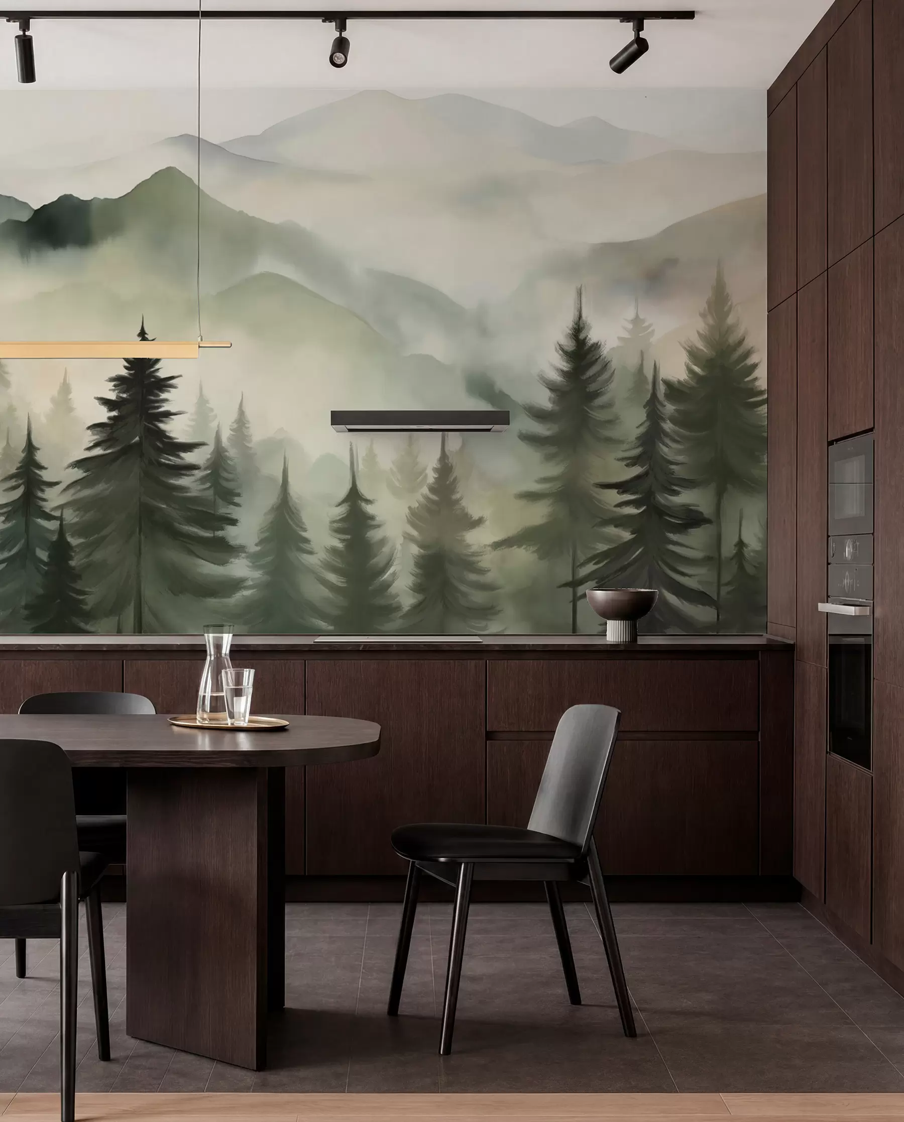Fototapete Berglandschaft mit einem Wald von Kiefern und geschichteten Berge während der Morgendämmerung mit leichten Nebel Aquarell Nachahmung Kunst w08639