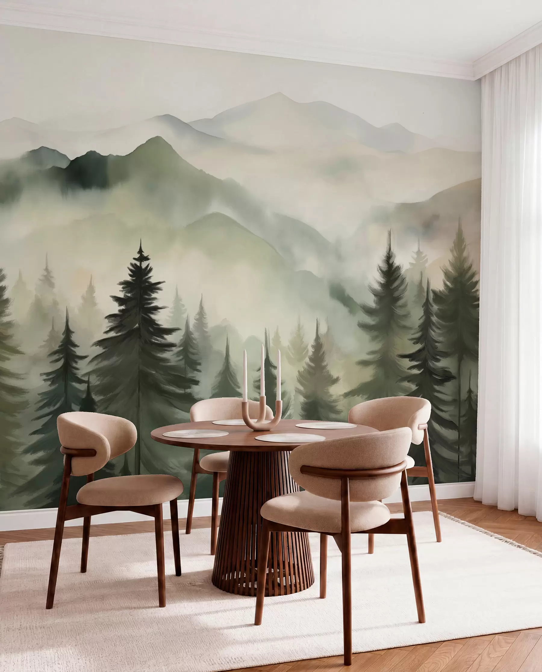 Fototapete Berglandschaft mit einem Wald von Kiefern und geschichteten Berge während der Morgendämmerung mit leichten Nebel Aquarell Nachahmung Kunst w08639