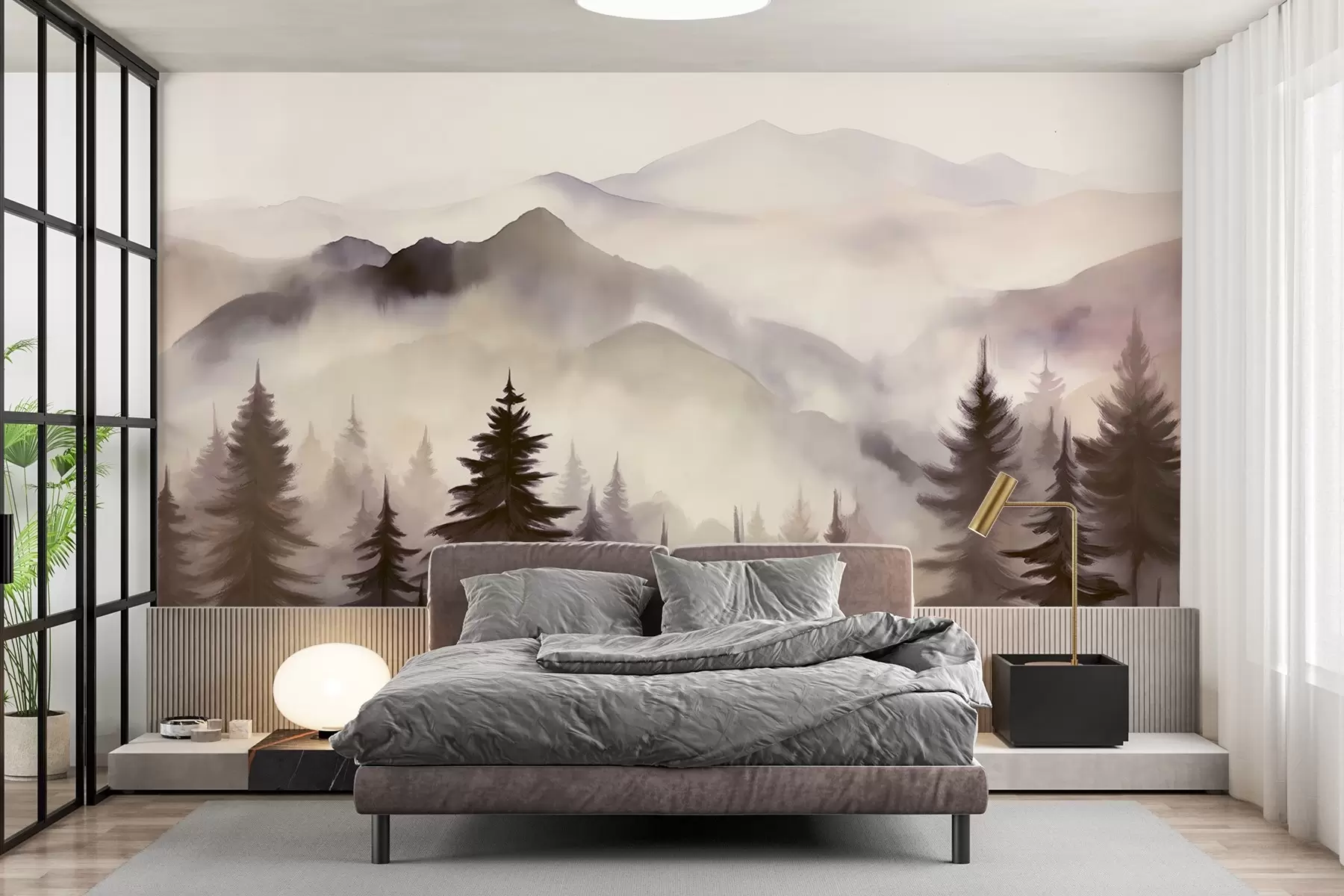 Fototapete Berglandschaft mit einem Wald von Kiefern und geschichteten Berge während der Morgendämmerung mit leichten Nebel Aquarell Nachahmung Kunst w08639v1