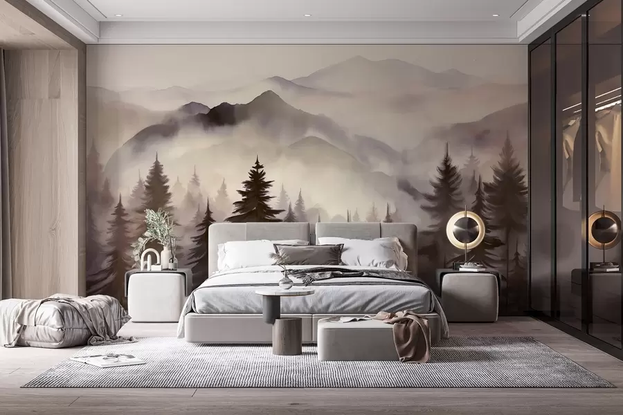 Fototapete Berglandschaft mit einem Wald von Kiefern und geschichteten Berge während der Morgendämmerung mit leichten Nebel Aquarell Nachahmung Kunst w08639v1