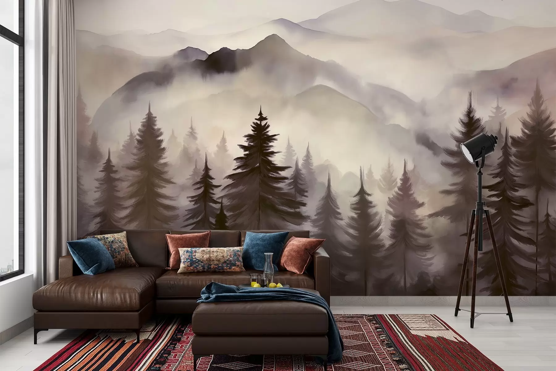 Fototapete Berglandschaft mit einem Wald von Kiefern und geschichteten Berge während der Morgendämmerung mit leichten Nebel Aquarell Nachahmung Kunst w08639v1