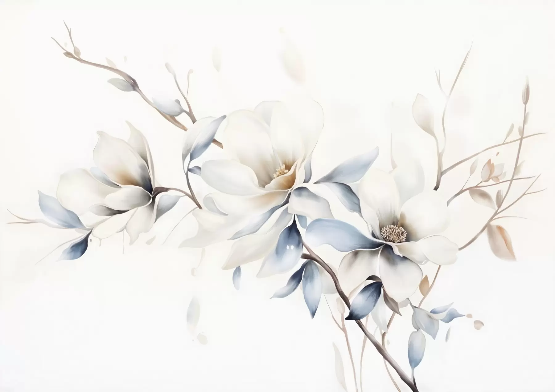 Murale Délicates fleurs de magnolia blanches avec des pétales bleus doux sur un fond clair aquarelle imitation minimalisme w08644