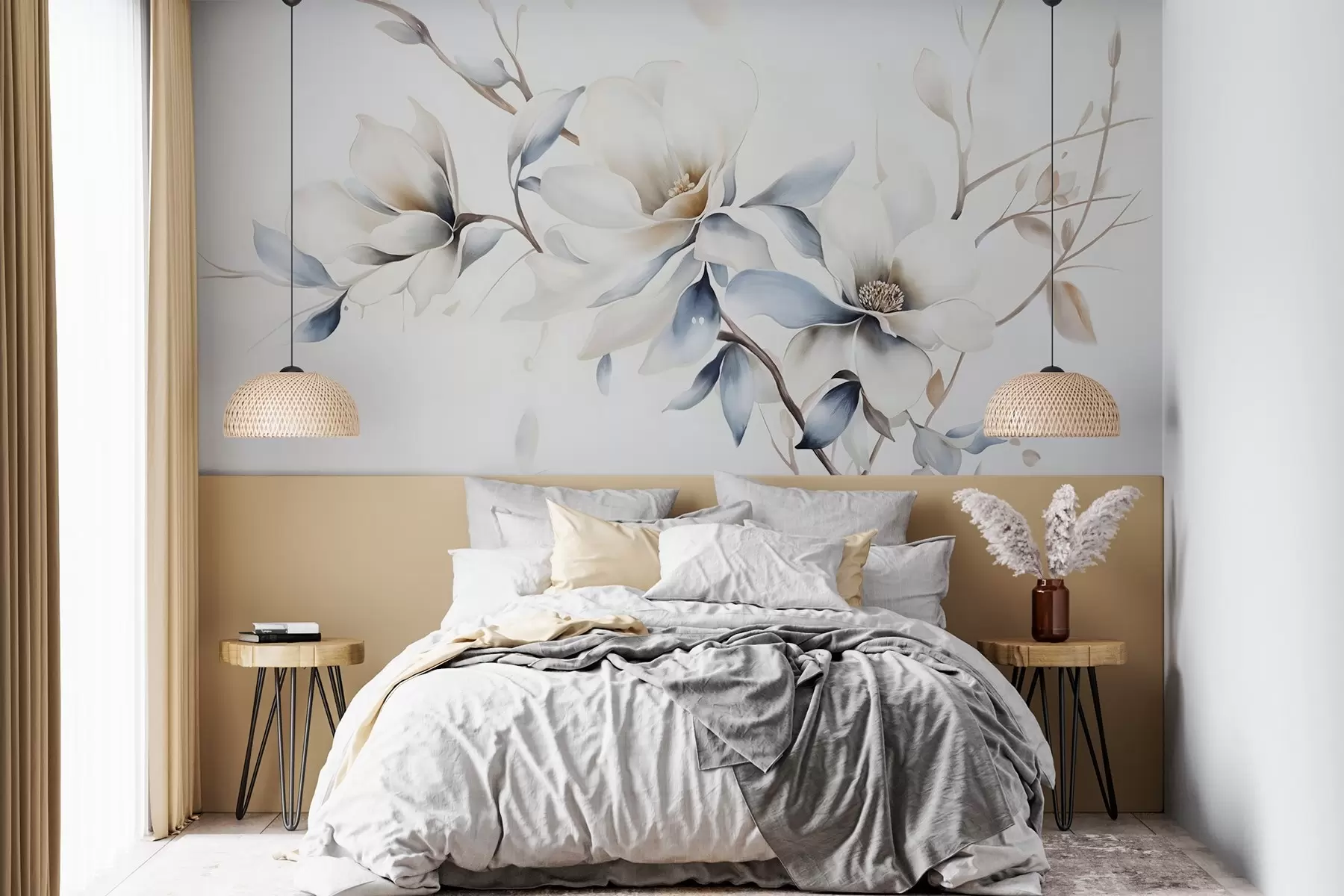 fototapeter Delikate hvide magnoliablomster med bløde blå kronblade mod en lys baggrund akvarelimitation minimalisme  w08644