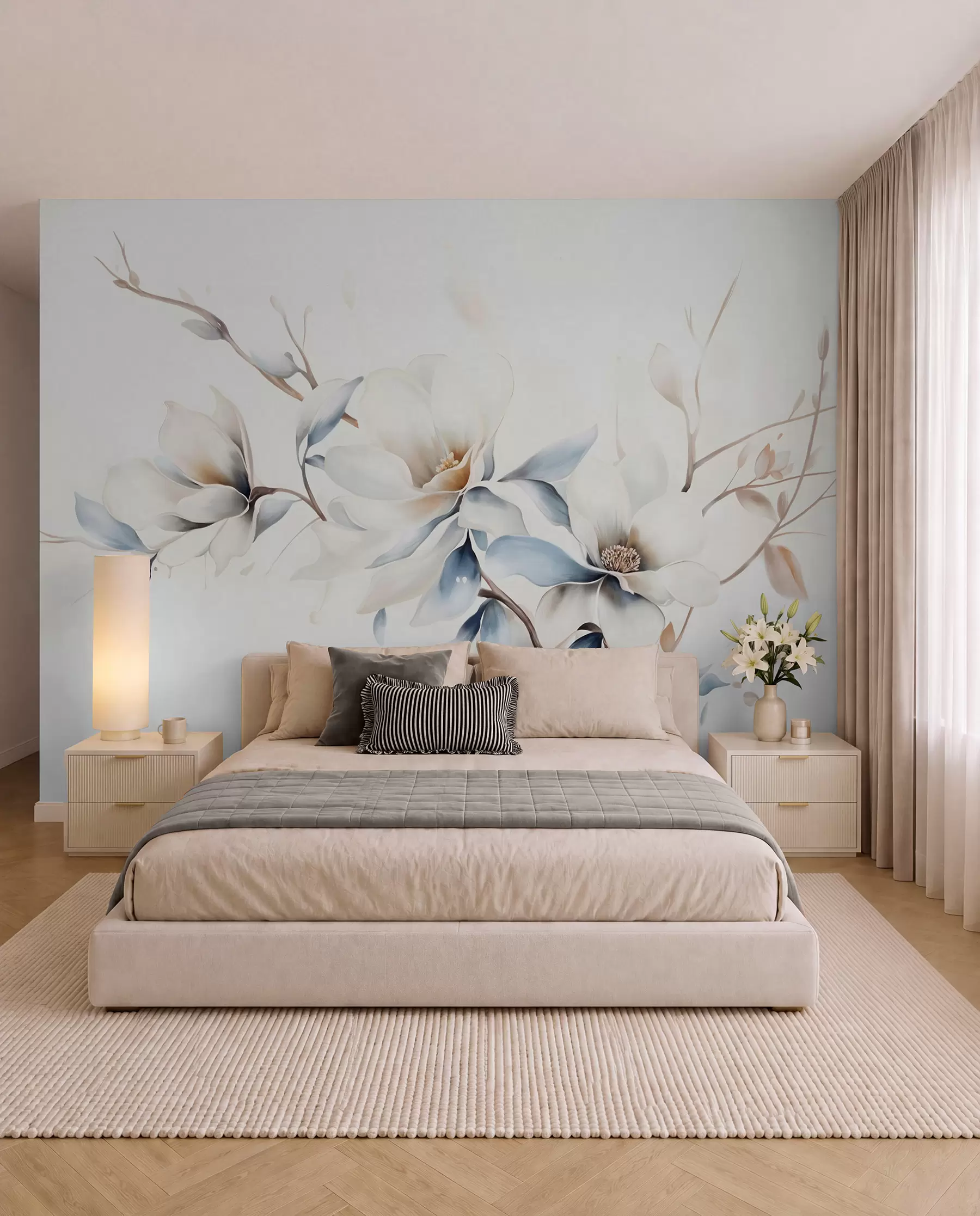 fototapeter Delikate hvide magnoliablomster med bløde blå kronblade mod en lys baggrund akvarelimitation minimalisme  w08644