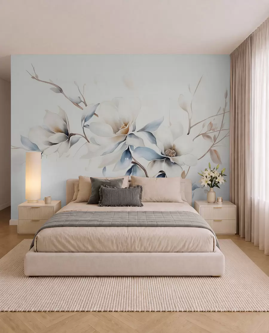 fototapeter Delikate hvide magnoliablomster med bløde blå kronblade mod en lys baggrund akvarelimitation minimalisme  w08644
