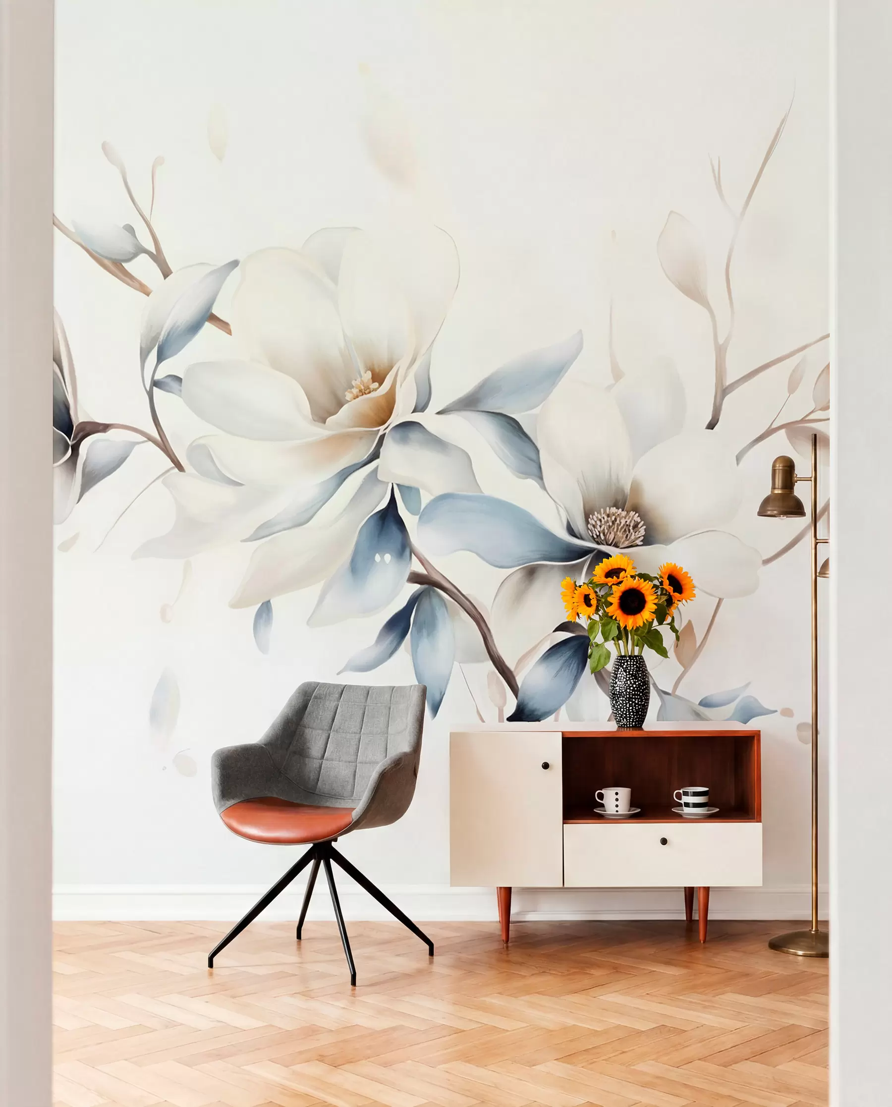 fototapeter Delikate hvide magnoliablomster med bløde blå kronblade mod en lys baggrund akvarelimitation minimalisme  w08644