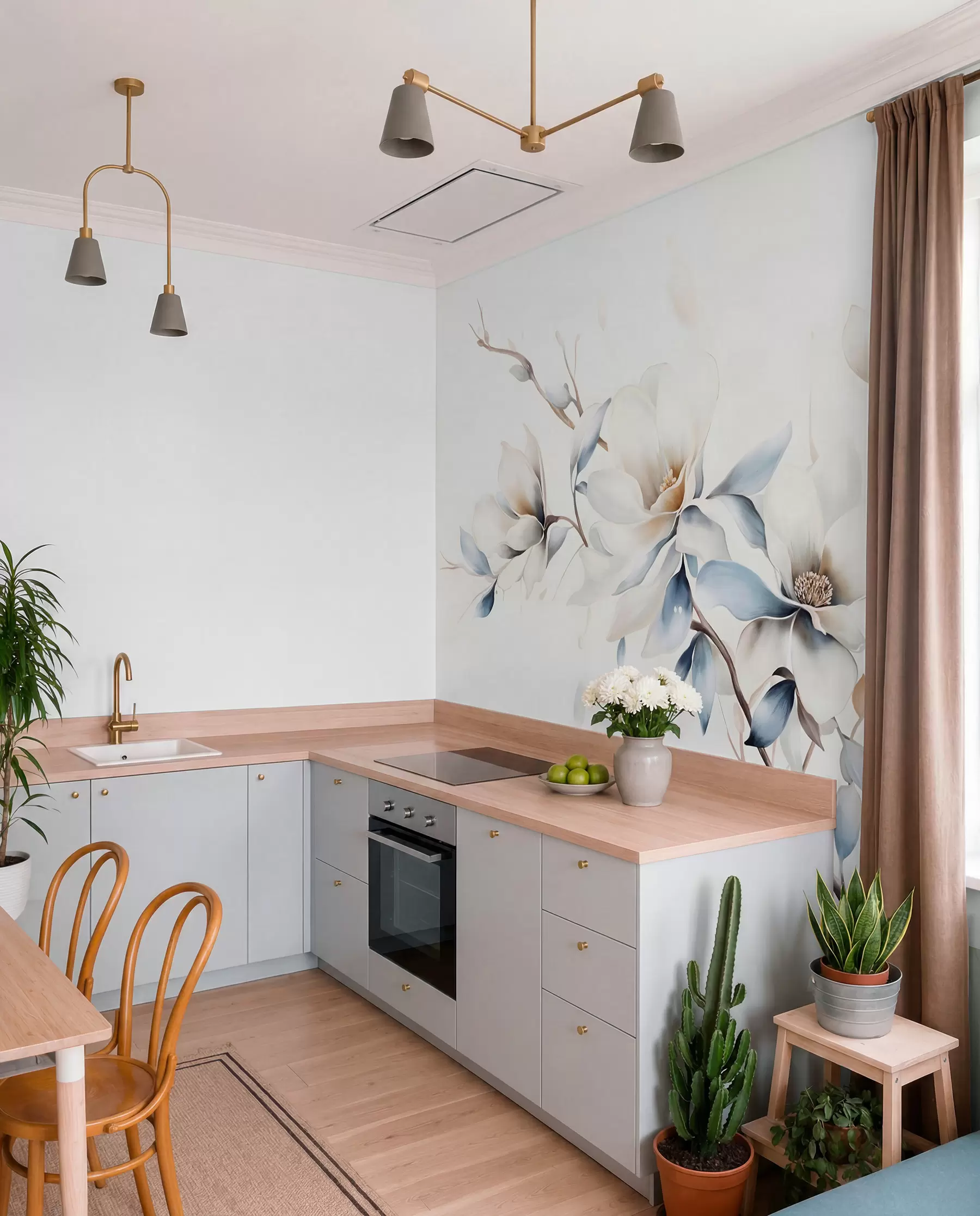 fototapeter Delikate hvide magnoliablomster med bløde blå kronblade mod en lys baggrund akvarelimitation minimalisme  w08644