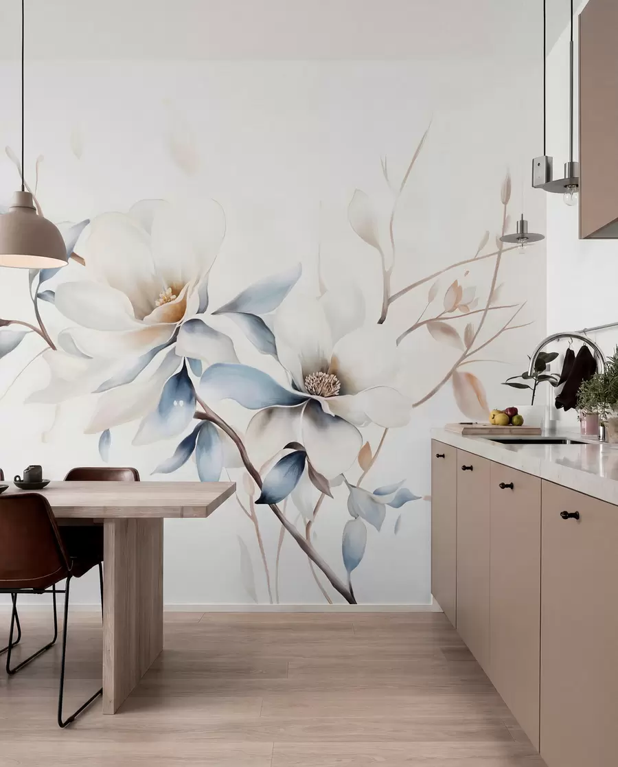 fototapeter Delikate hvide magnoliablomster med bløde blå kronblade mod en lys baggrund akvarelimitation minimalisme  w08644