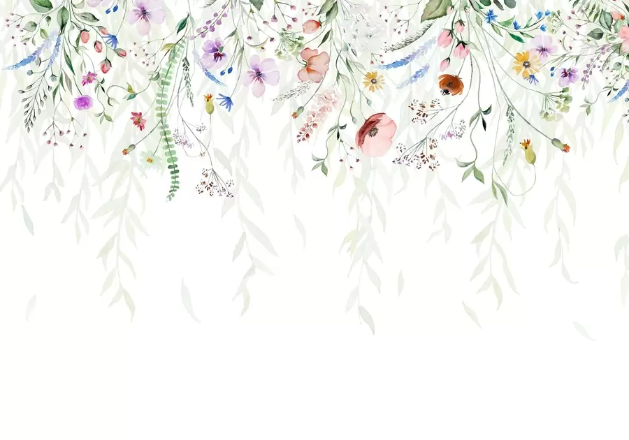 fototapeter Et farverigt blomsterprint, der falder ned med forskellige blomster, blade og planter i akvarelstil   w08646