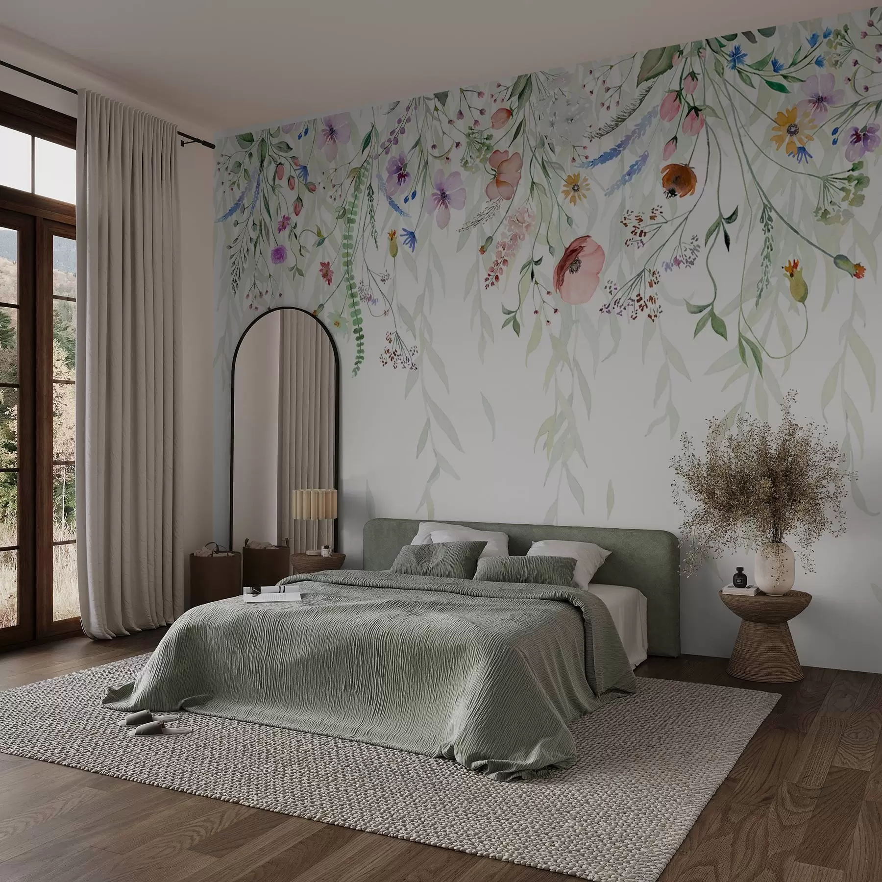 Murale Un imprimé floral coloré qui tombe en cascade avec diverses fleurs, feuilles et plantes dans un style aquarelle w08646