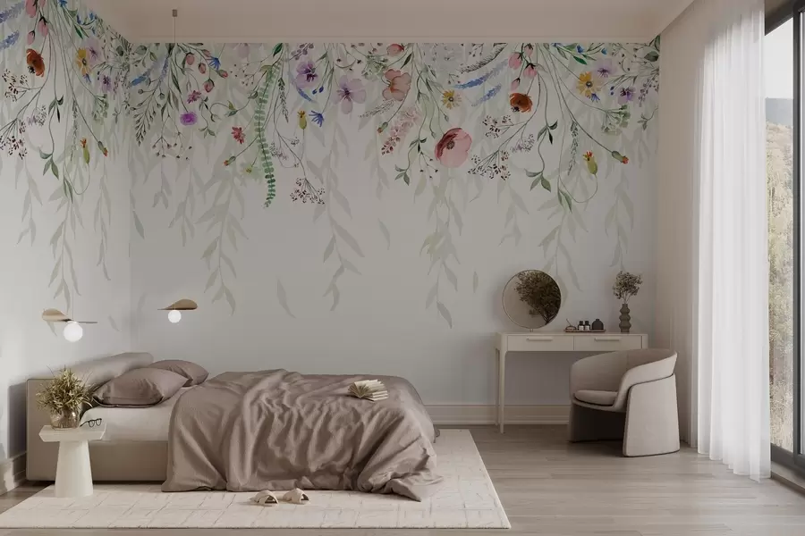 fototapeter Et farverigt blomsterprint, der falder ned med forskellige blomster, blade og planter i akvarelstil   w08646
