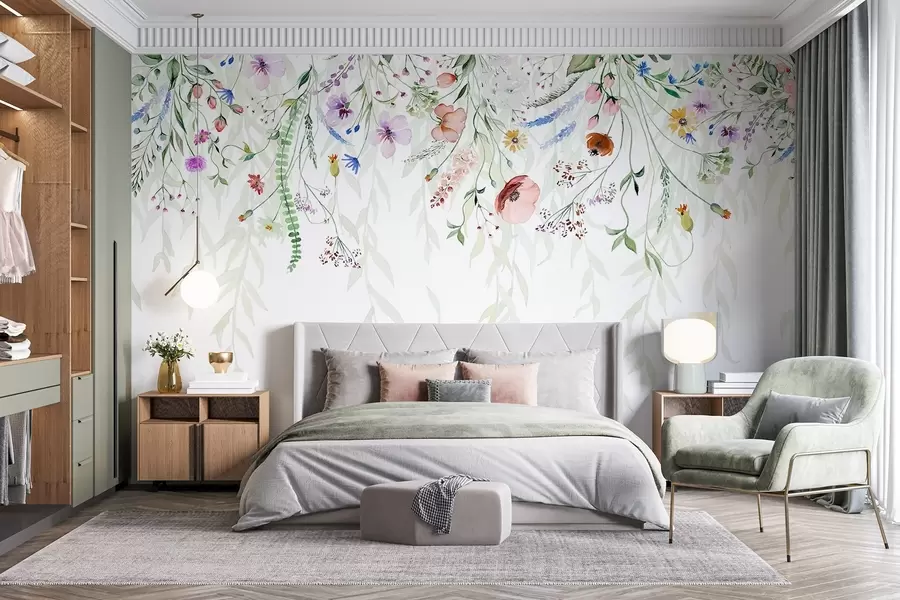 Murale Un imprimé floral coloré qui tombe en cascade avec diverses fleurs, feuilles et plantes dans un style aquarelle w08646