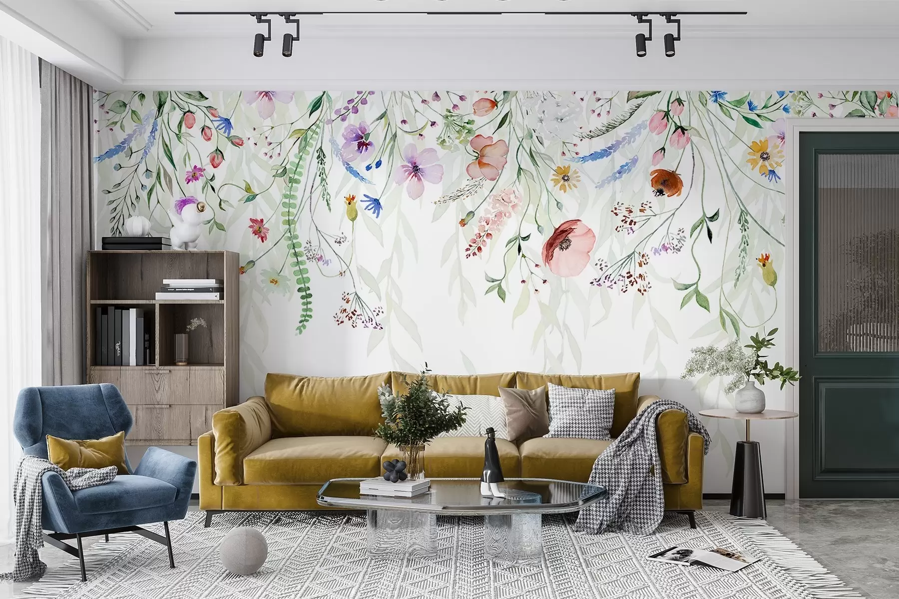 Murale Un imprimé floral coloré qui tombe en cascade avec diverses fleurs, feuilles et plantes dans un style aquarelle w08646