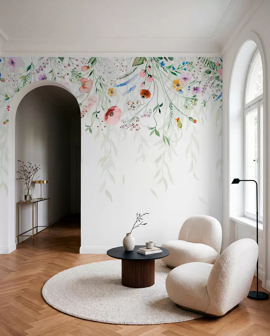 Murale Un imprimé floral coloré qui tombe en cascade avec diverses fleurs, feuilles et plantes dans un style aquarelle w08646