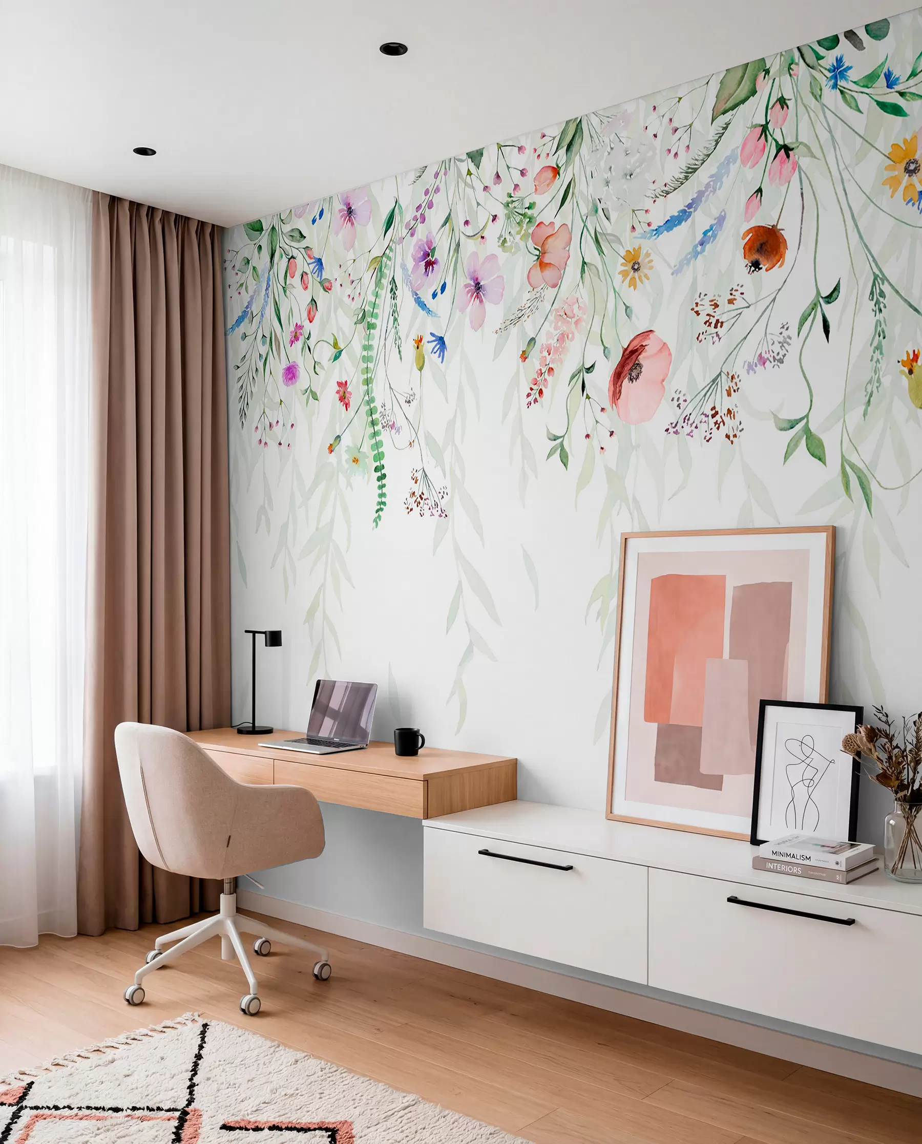 fototapeter Et farverigt blomsterprint, der falder ned med forskellige blomster, blade og planter i akvarelstil   w08646