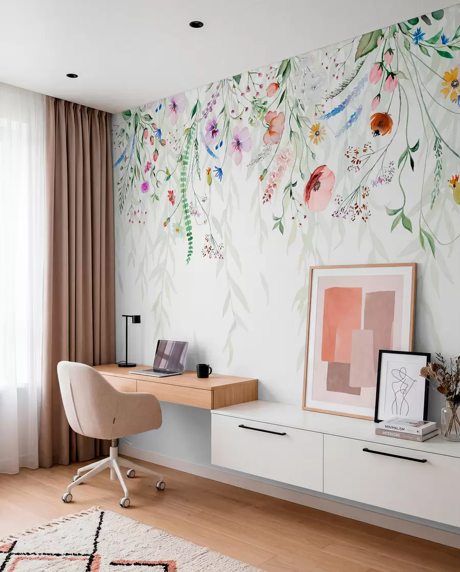 fototapeter Et farverigt blomsterprint, der falder ned med forskellige blomster, blade og planter i akvarelstil   w08646