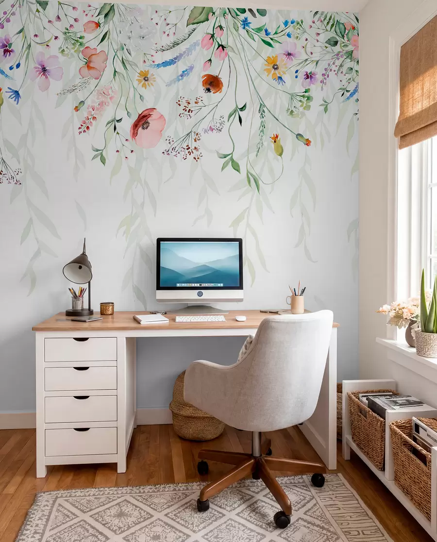fototapeter Et farverigt blomsterprint, der falder ned med forskellige blomster, blade og planter i akvarelstil   w08646
