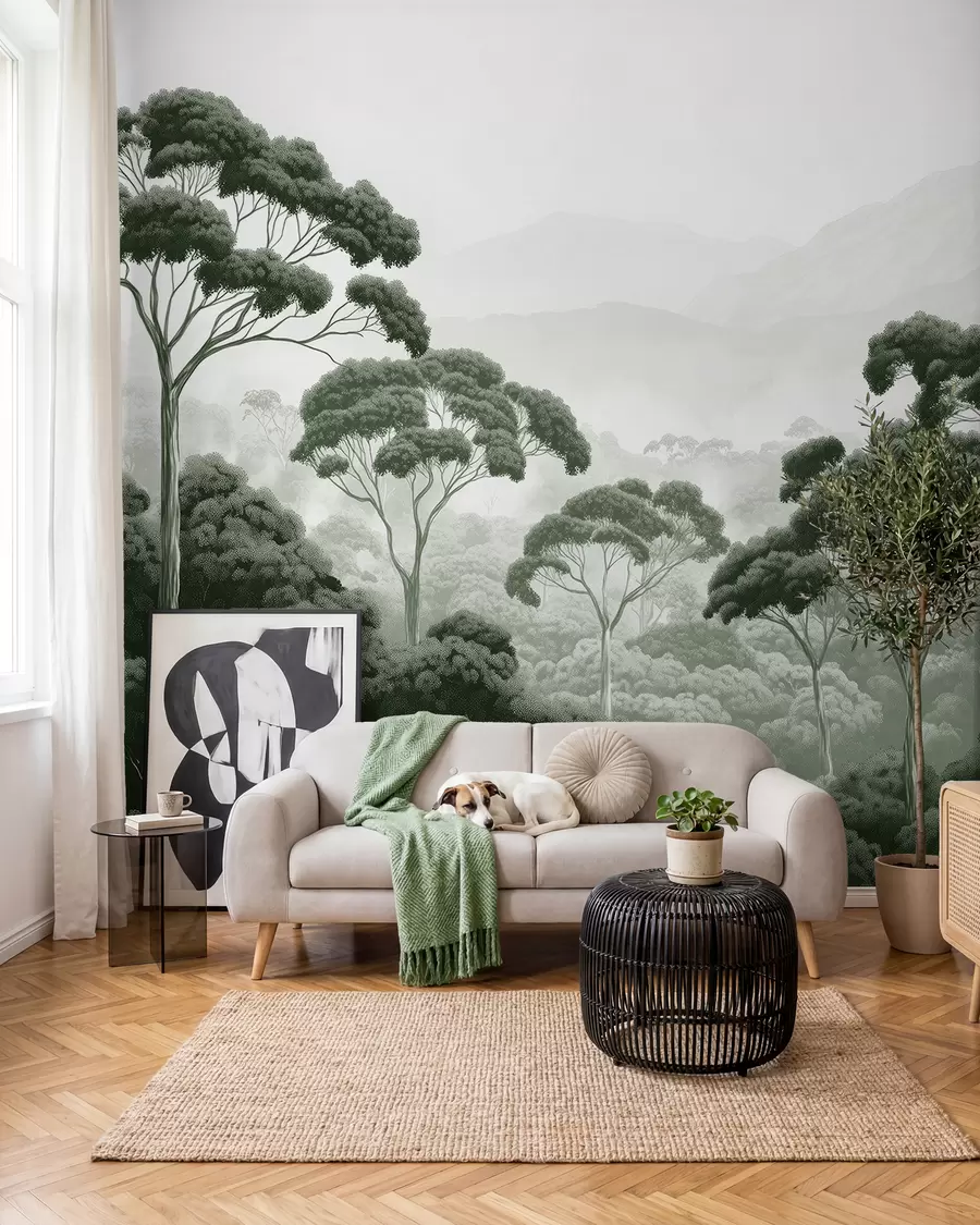 fototapeter Jungleskov, bjerge, tropisk, natur, store træer, mørkegrønne farver w02739v1