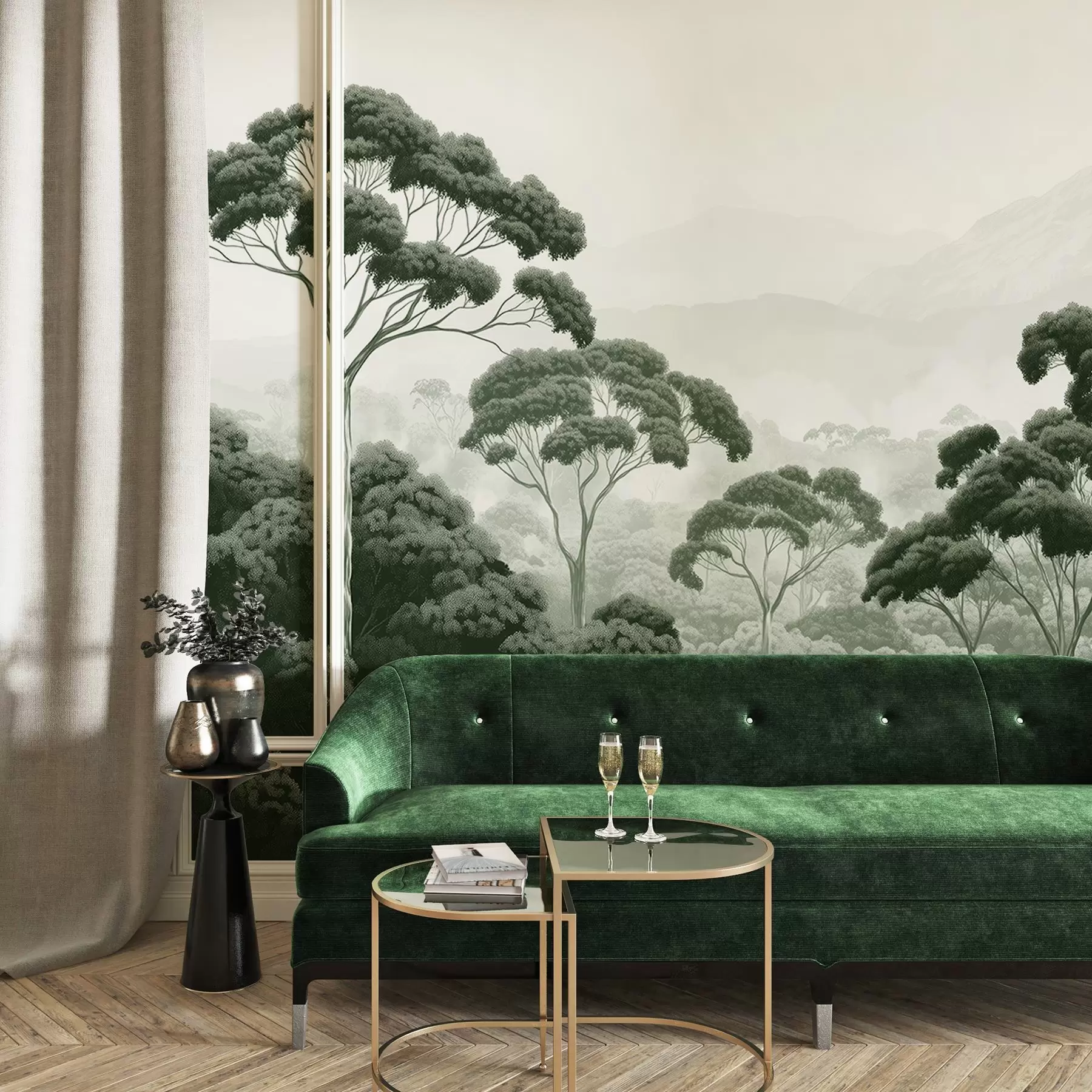 fototapeter Jungleskov, bjerge, tropisk, natur, store træer, mørkegrønne farver w02739v1