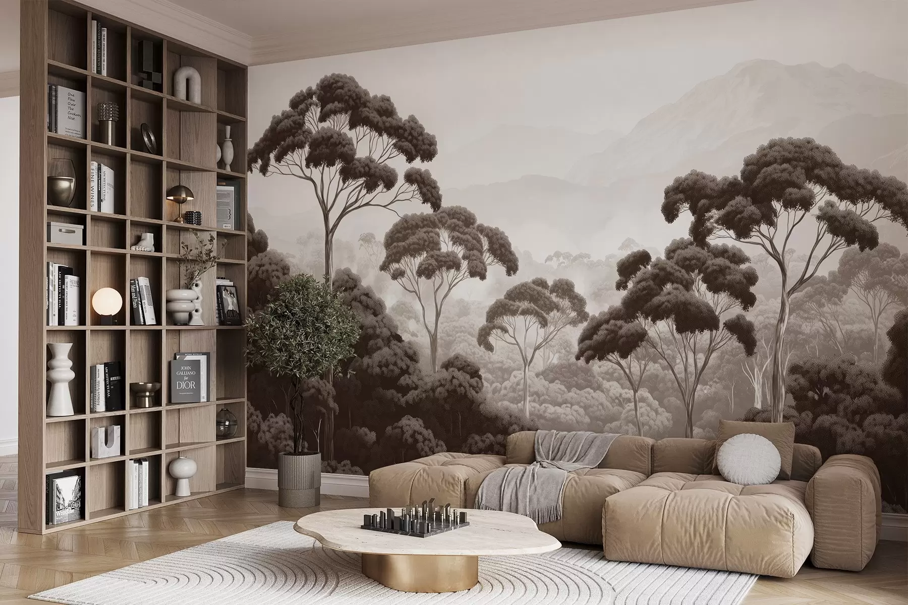 Fototapete Dschungelwald, Berge, tropisch, Natur, große Bäume, braune Farben w02739v2