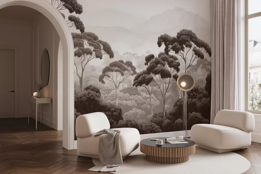 Fototapete Dschungelwald, Berge, tropisch, Natur, große Bäume, braune Farben w02739v2