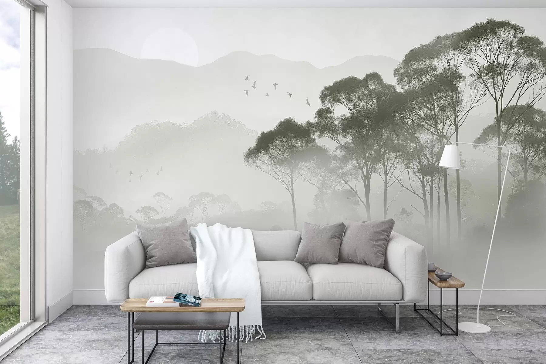 Murale Arbres dans le brouillard, paysages de la nature, oiseaux, soleil, couleurs vertes w02740