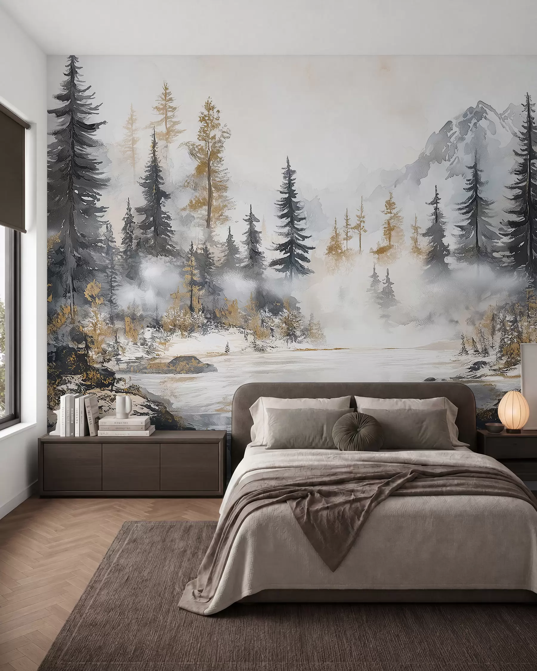 Fototapete Winterlandschaft mit See und Wald, Berge, Pastell Stil darwing w02741