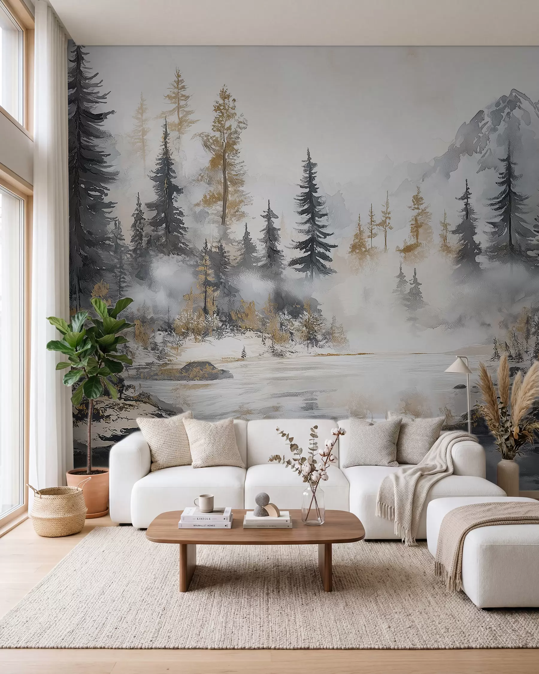 Fototapete Winterlandschaft mit See und Wald, Berge, Pastell Stil darwing w02741