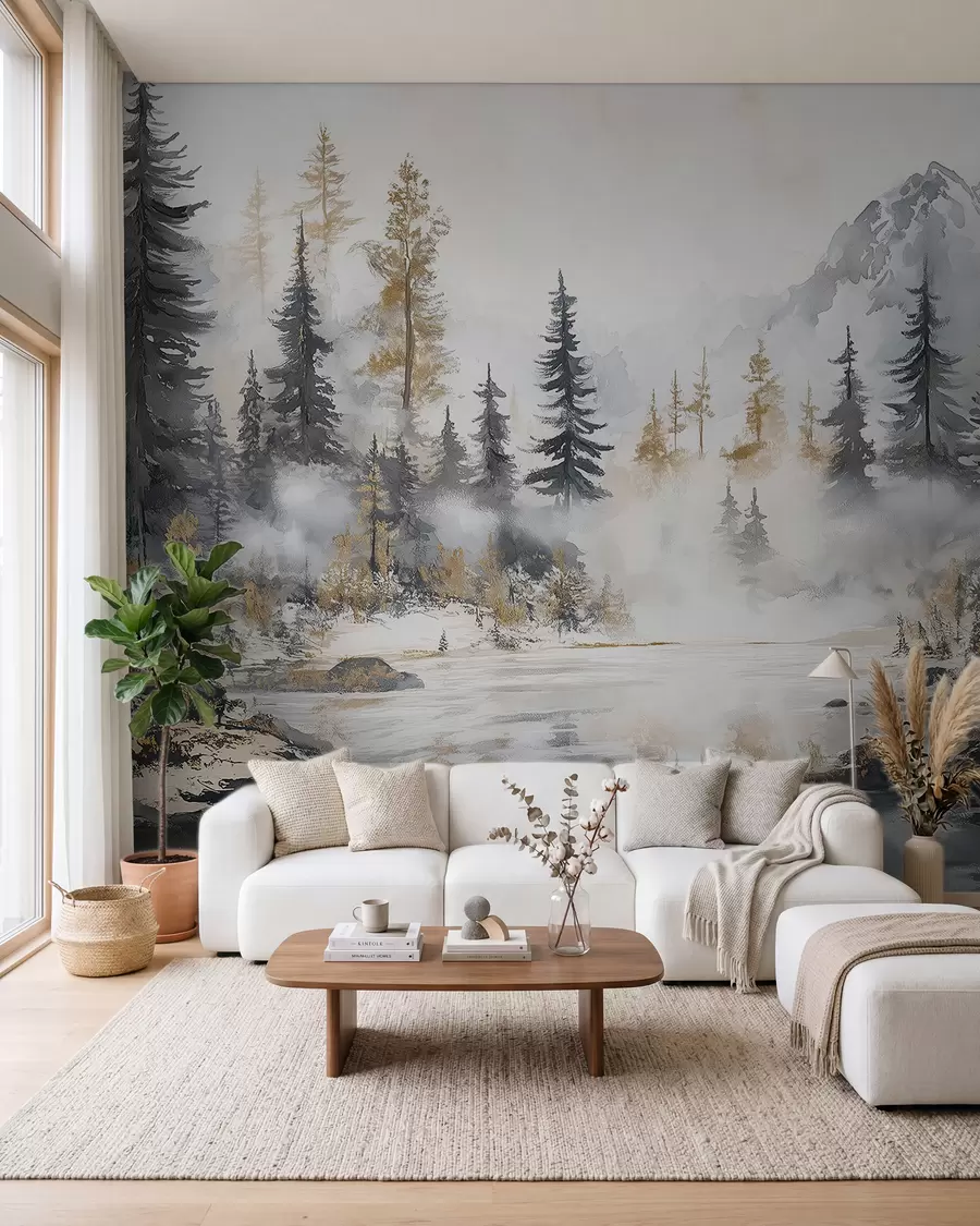 fototapeter Vinterlandskab med sø og skov, bjerge, pastelstil darwing w02741