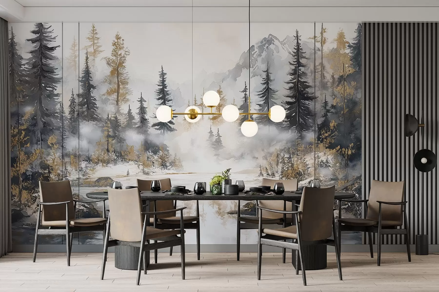 Fototapete Winterlandschaft mit See und Wald, Berge, Pastell Stil darwing w02741