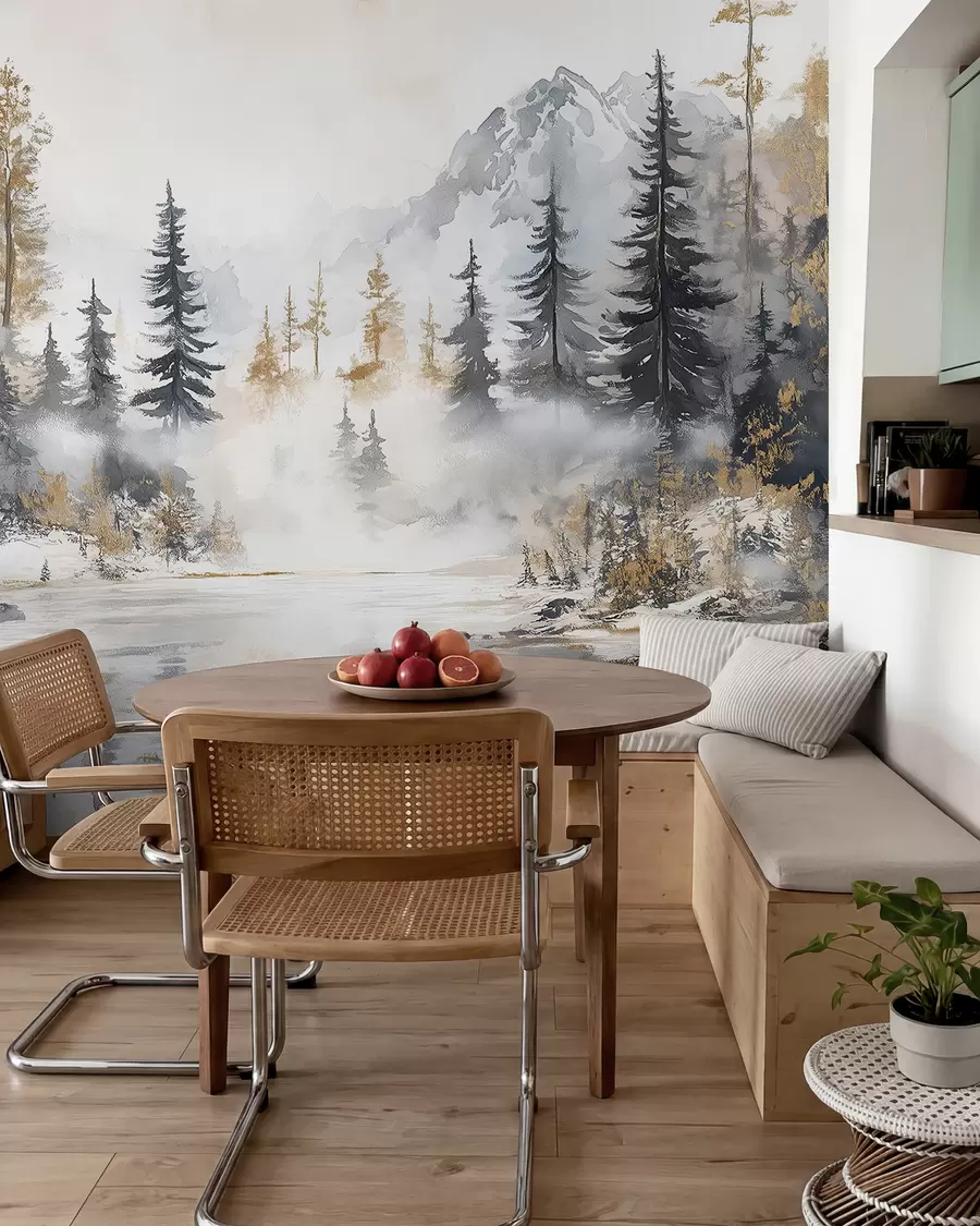fototapeter Vinterlandskab med sø og skov, bjerge, pastelstil darwing w02741