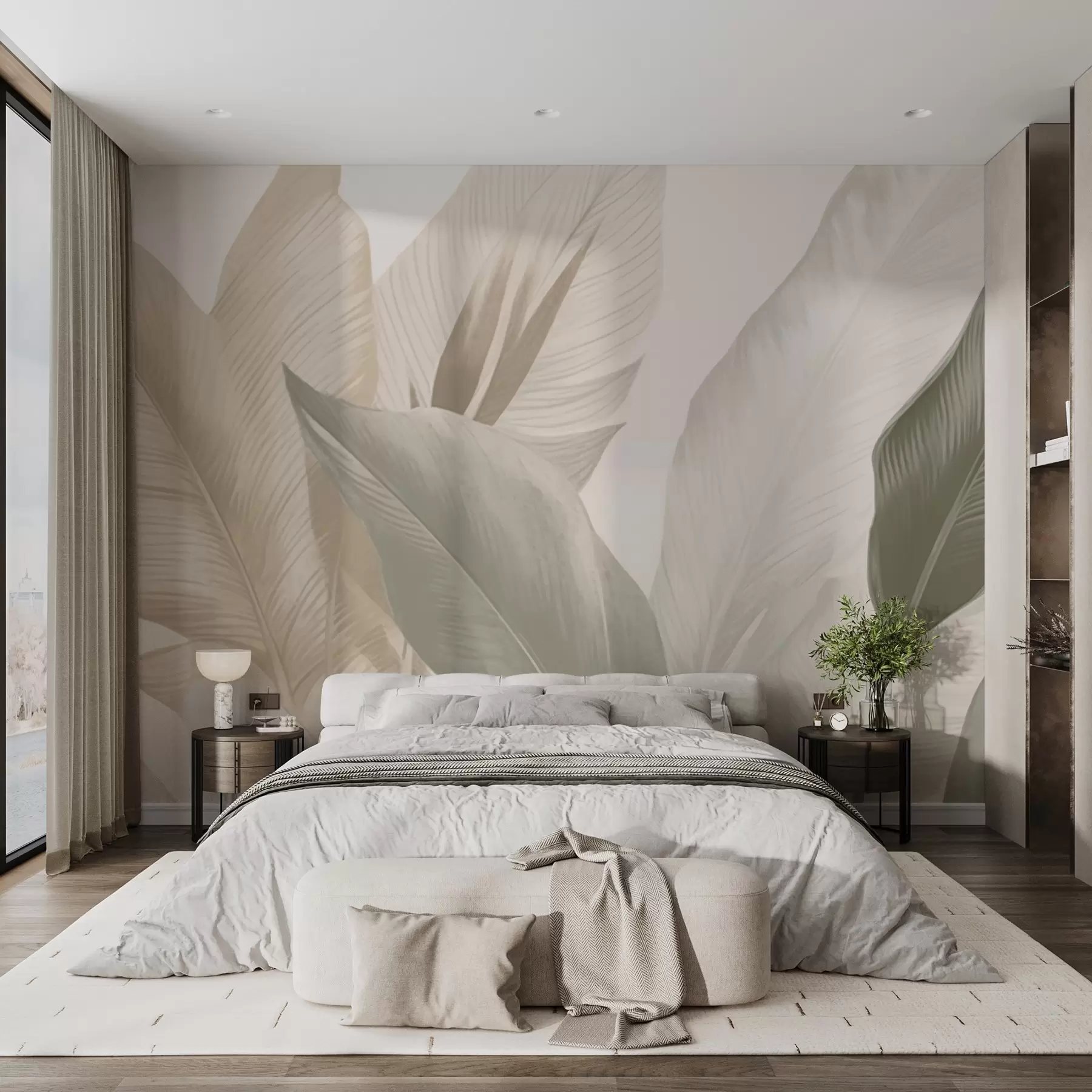 Fototapete Tropische Blätter in sanften Beige- und Grüntönen, mit Aquarell-Effekt und sanften Farbübergängen. w02854