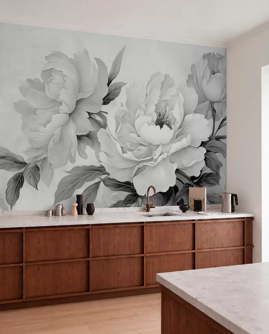 fototapeter Luksuriøse pæoner i grå nuancer med delikate detaljer i kronblade og blade, der skaber en elegant og rolig atmosfære w02856