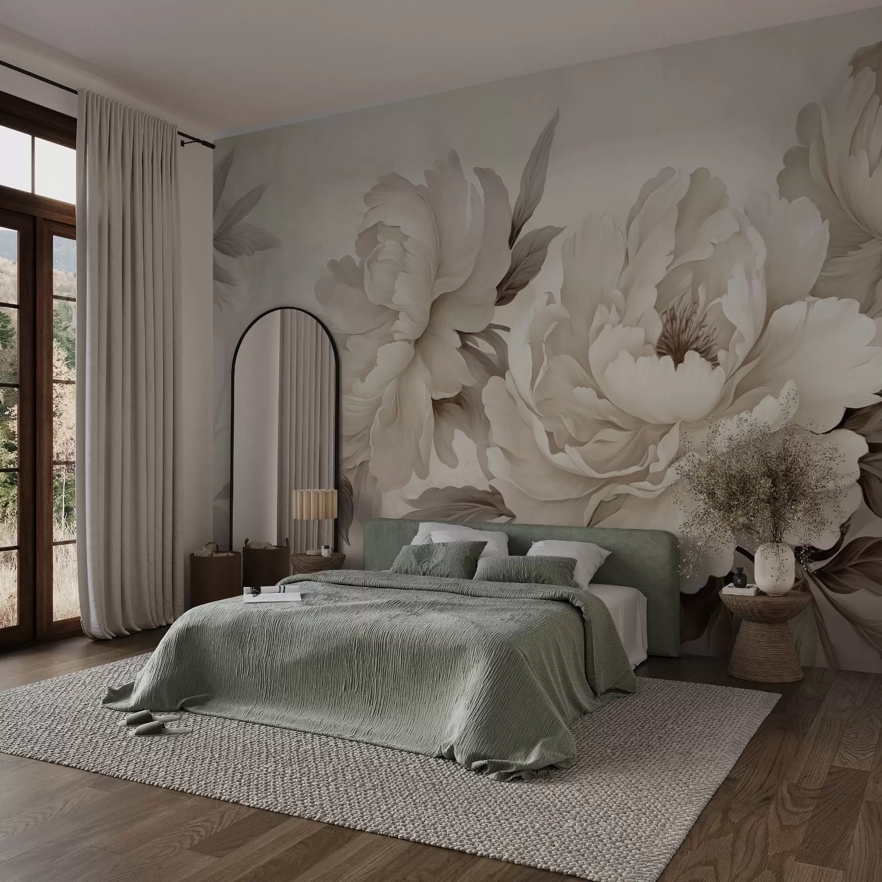 fototapeter Delikate pæoner i cremede beige toner med raffinerede detaljer i kronblade og blade, der skaber en varm og sofistikeret stemning w02856v1