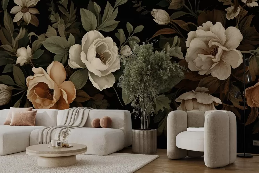 Fototapete Diverse Blumen auf dunklem Hintergrund w02838