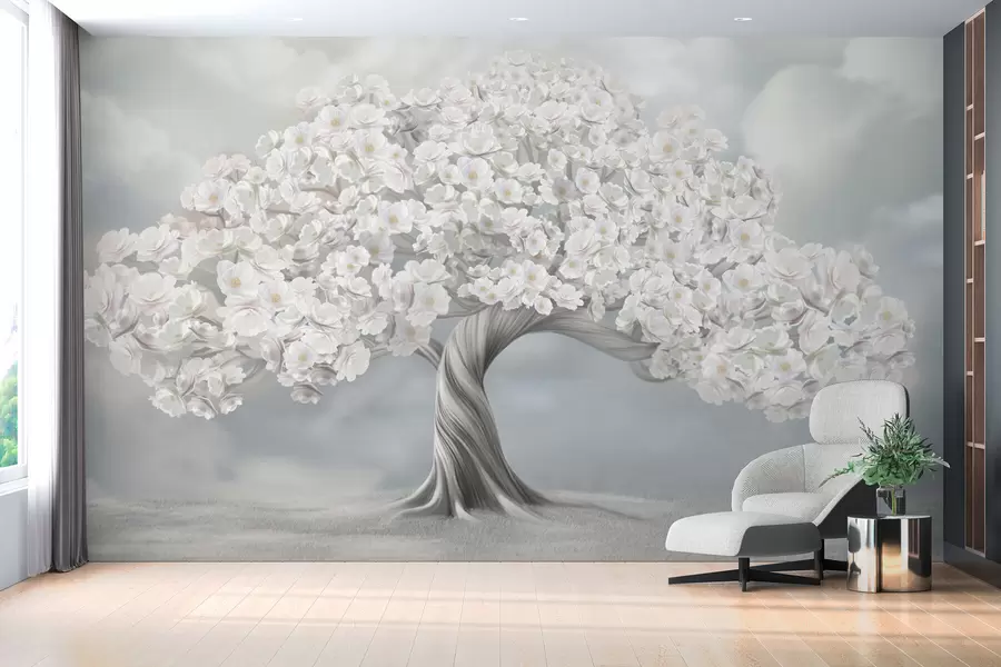 Murale Grand arbre en fleurs avec des nuages en arrière-plan w02748