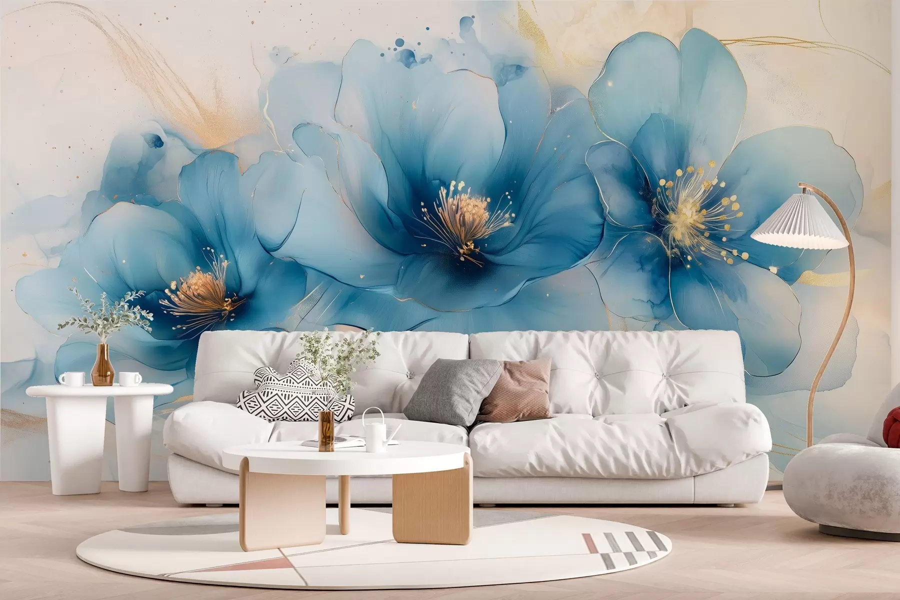 fototapeter Drømmende blomstermaleri med store, sarte blå blomster w02769
