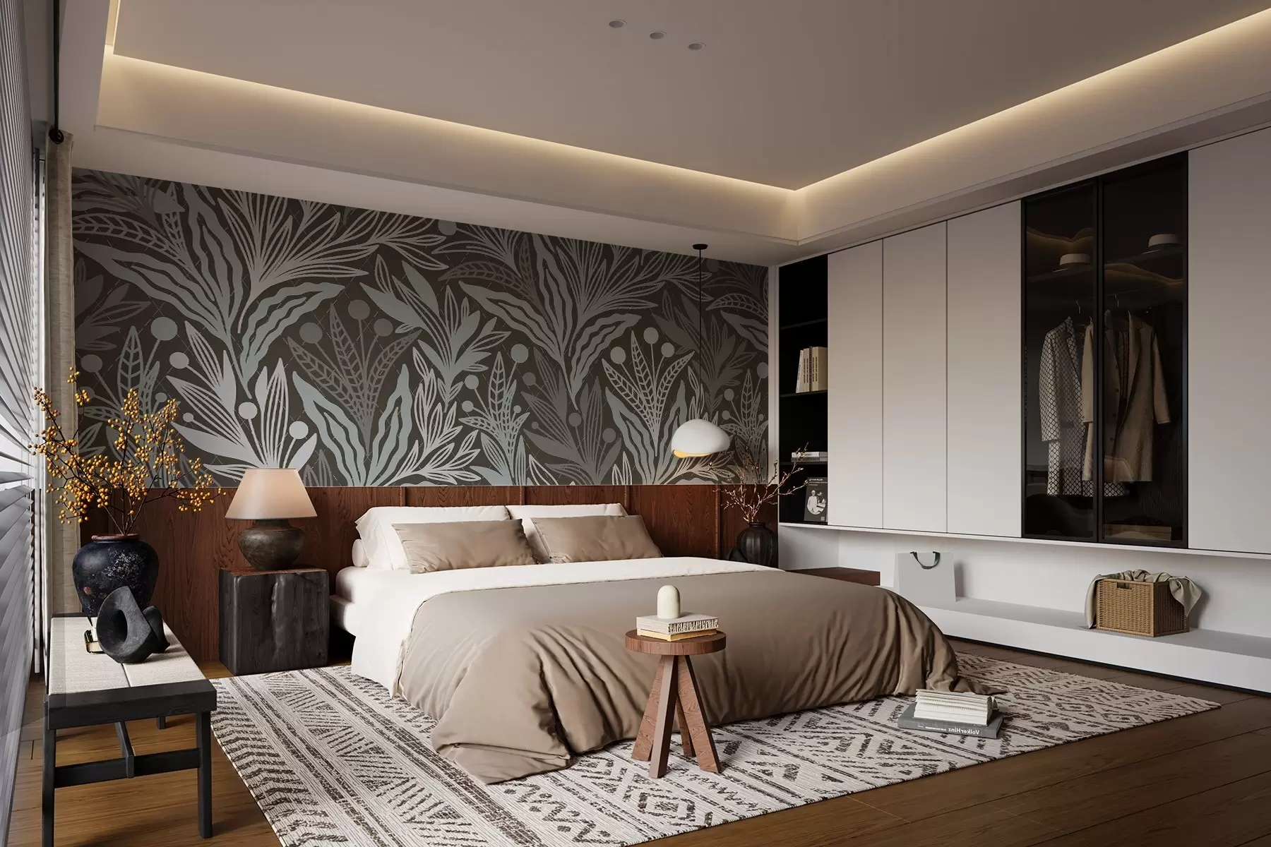 fototapeter Delikate grafiske blade i brun w02783v2