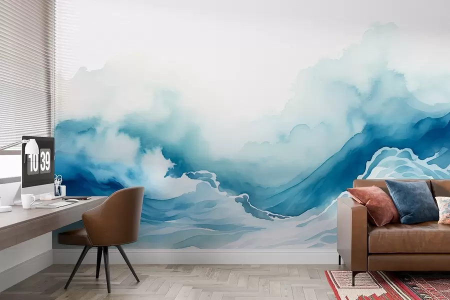 Fototapete Meereswellen im Aquarellstil in Blautönen w08655