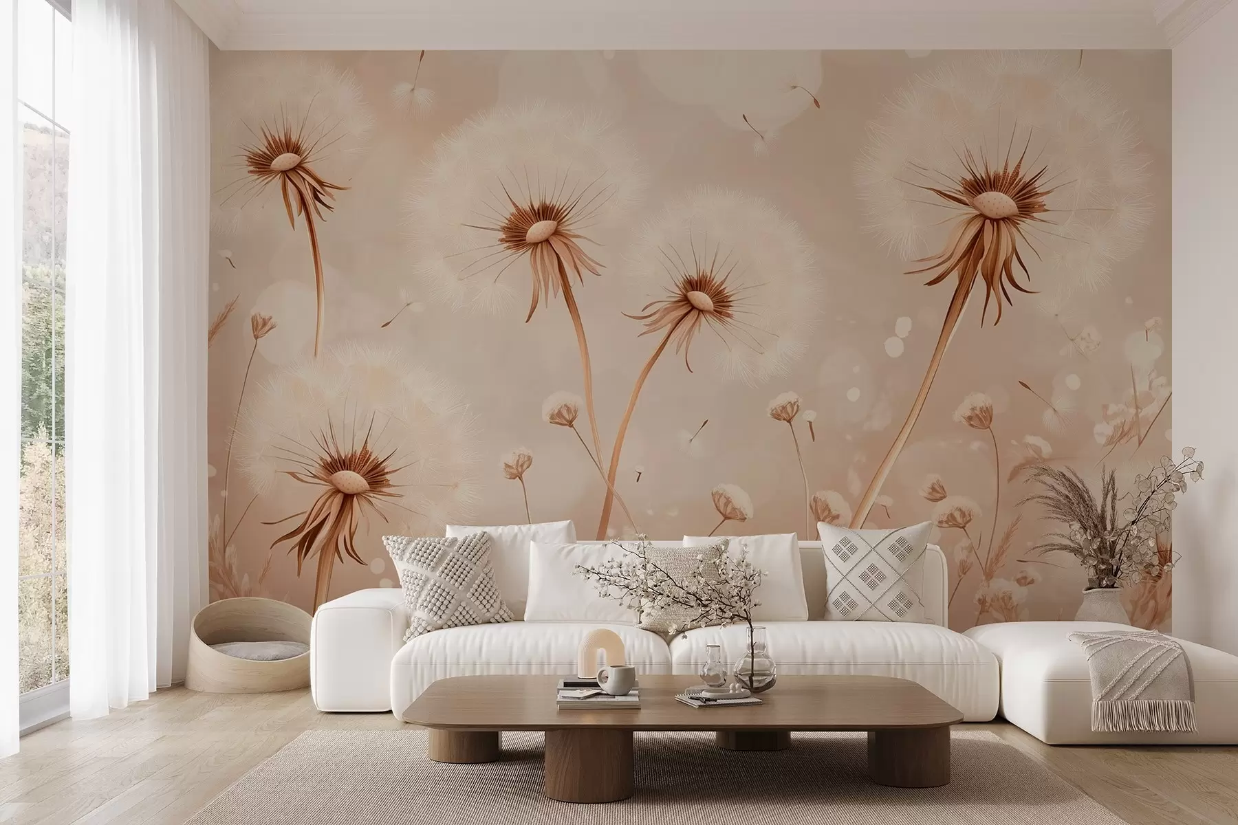 Murale Élégants pissenlits et fleurs sauvages dans un style pictural aux tons chauds w08657