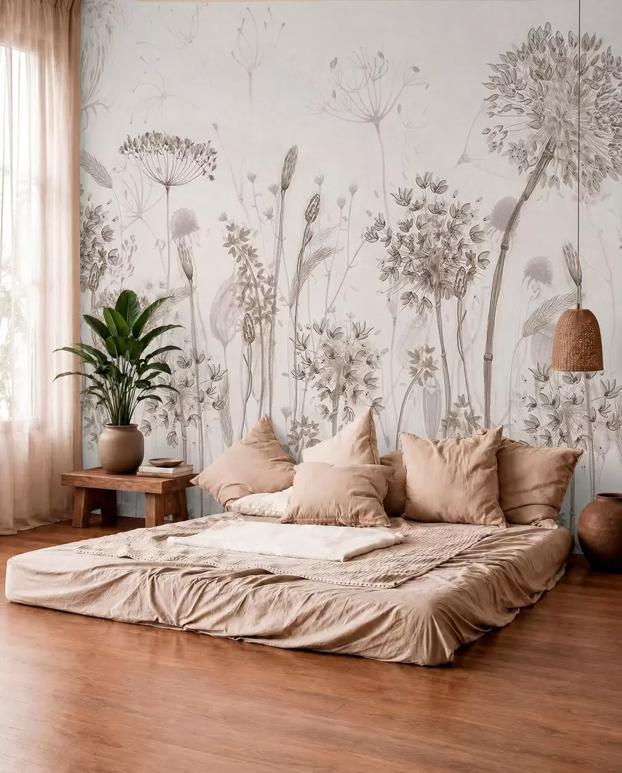 fototapeter Luftige mælkebøtter og vilde blomster i akvarel-stil w08637
