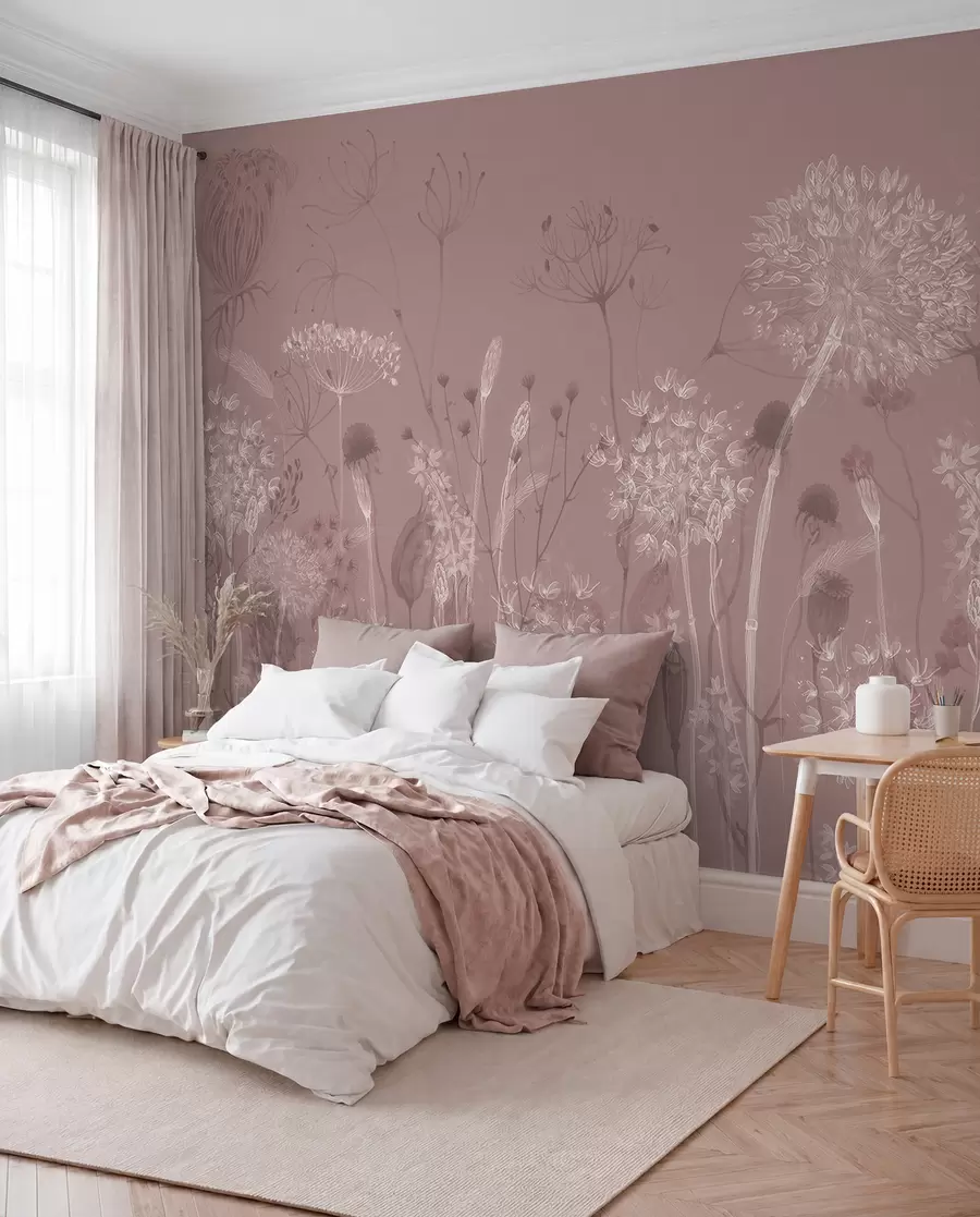 fototapeter Luftige mælkebøtter og vilde blomster i akvarelstil i rosa toner w08637v1