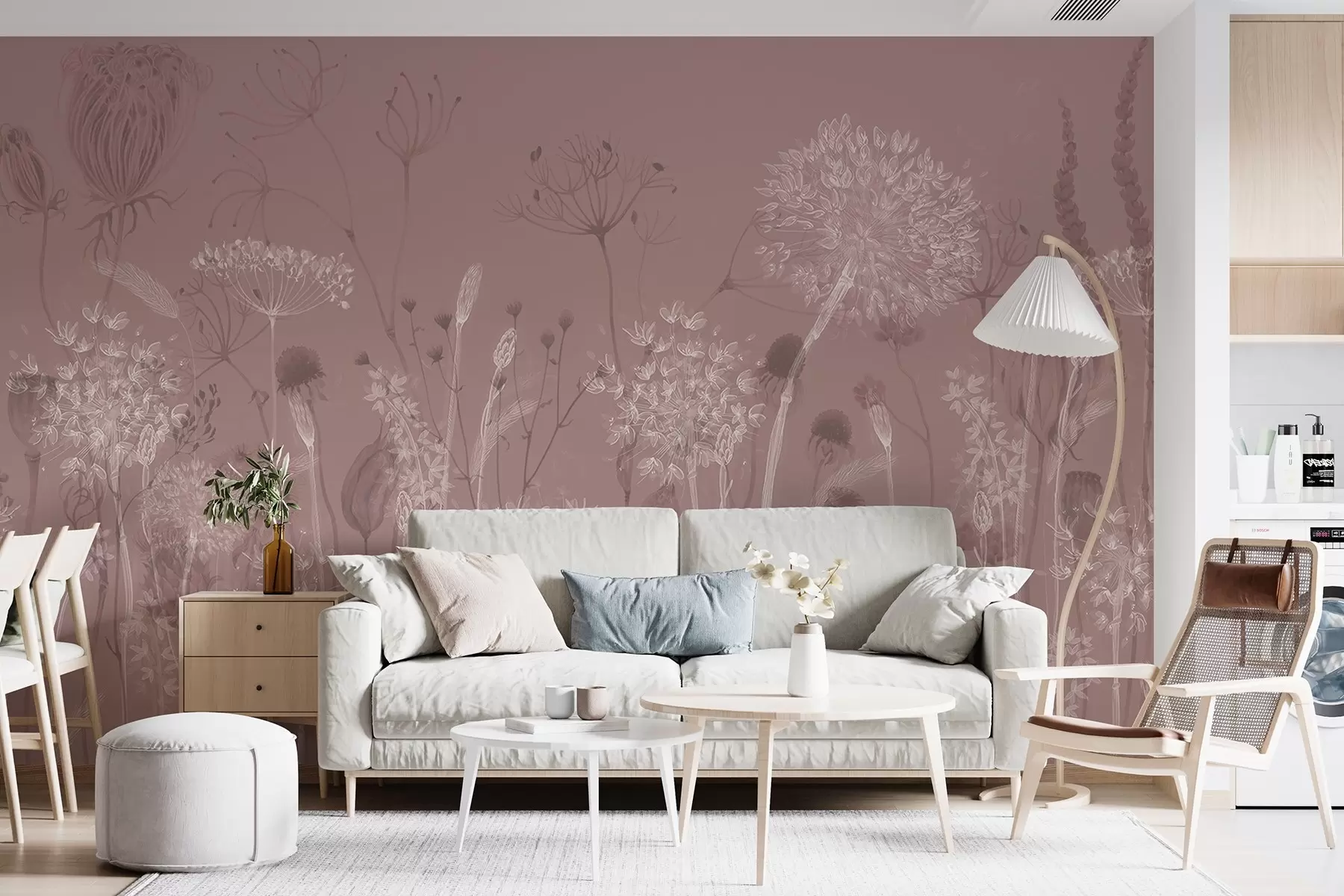 Murale Pissenlits et fleurs sauvages aériens dans un style aquarelle dans les tons roses w08637v1