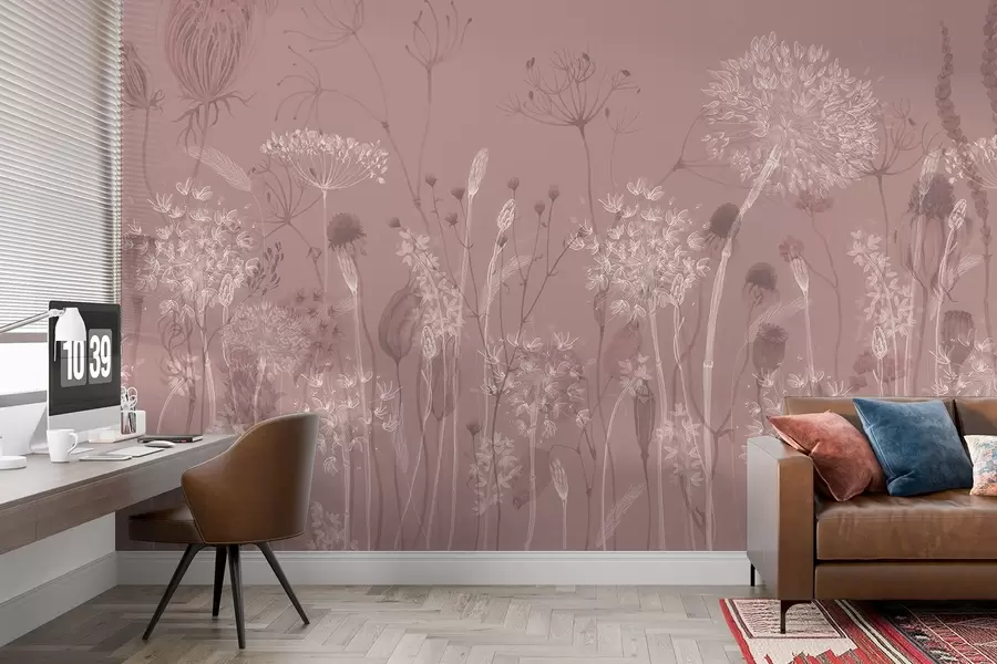 fototapeter Luftige mælkebøtter og vilde blomster i akvarelstil i rosa toner w08637v1