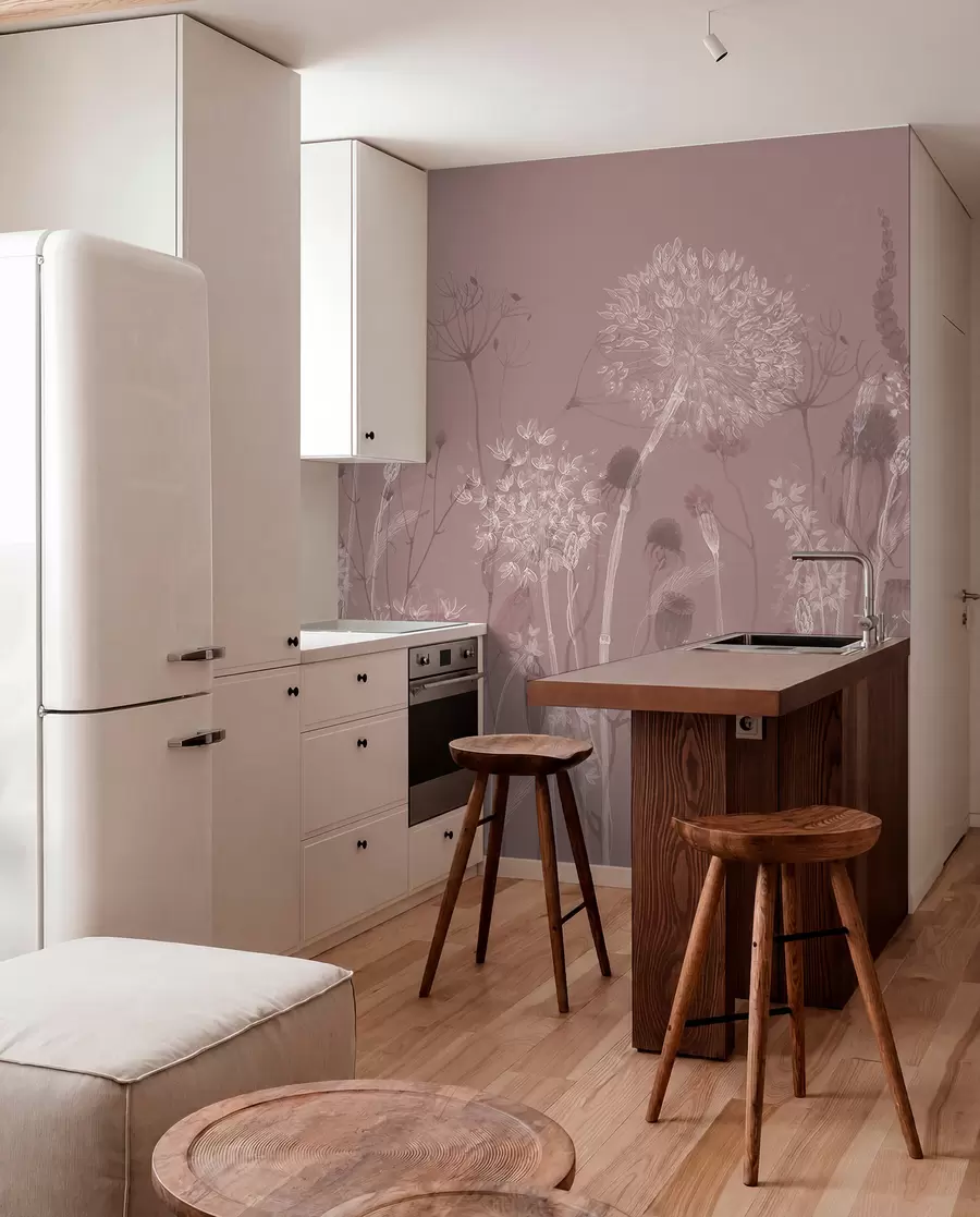 fototapeter Luftige mælkebøtter og vilde blomster i akvarelstil i rosa toner w08637v1
