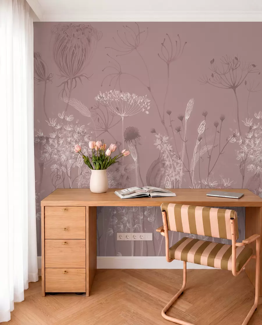 fototapeter Luftige mælkebøtter og vilde blomster i akvarelstil i rosa toner w08637v1