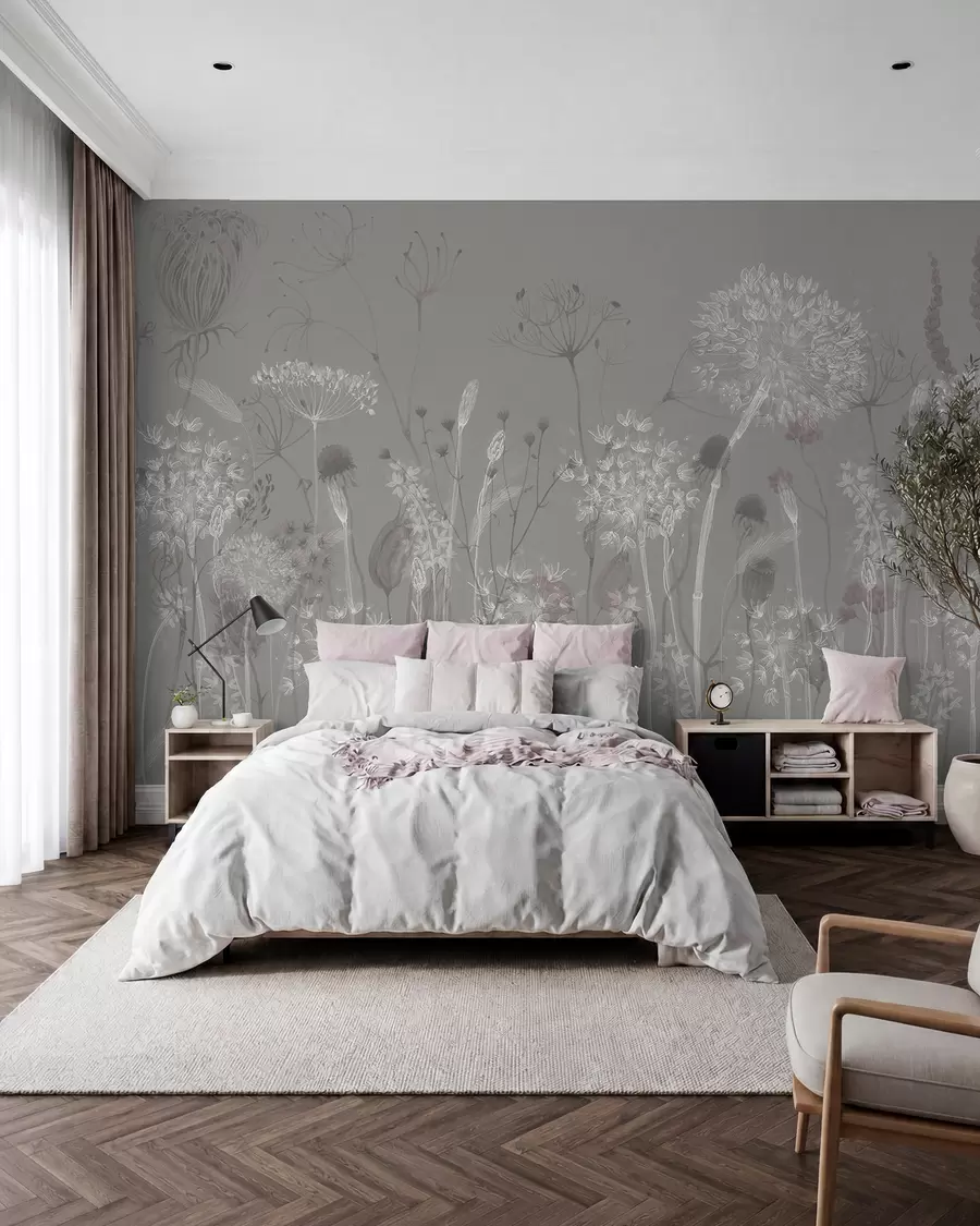 fototapeter Luftige mælkebøtter og vilde blomster i akvarelstil i blågrå toner w08637v3
