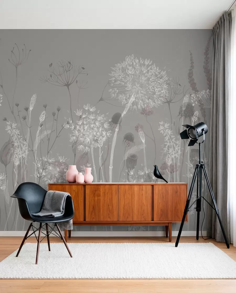 fototapeter Luftige mælkebøtter og vilde blomster i akvarelstil i blågrå toner w08637v3