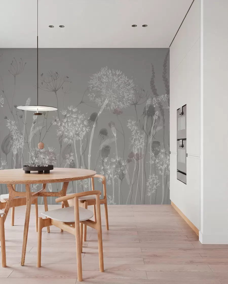 fototapeter Luftige mælkebøtter og vilde blomster i akvarelstil i blågrå toner w08637v3